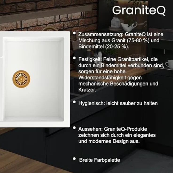 QUADRON CUBA 210 Rund Spülbecken, 1-Becken Granitspüle, Größe: 51 x 51 x 18 cm, Ø 43, beige mit Siphon – Bild 6