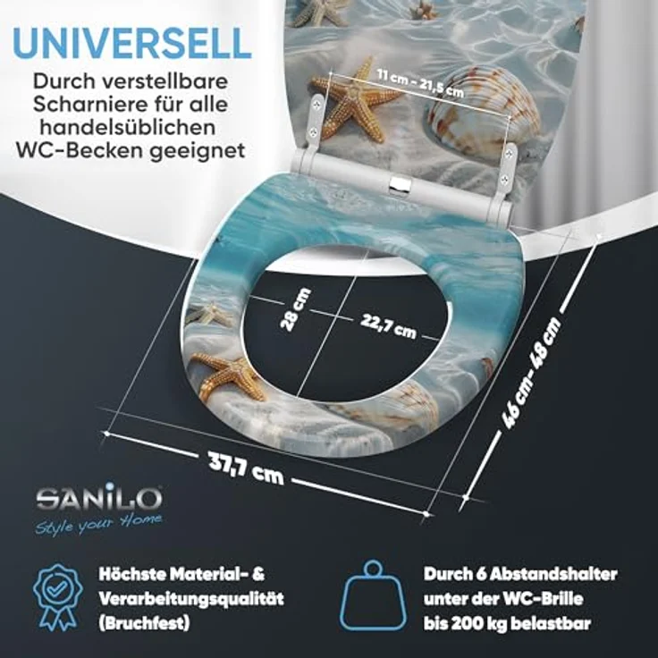 Sanilo WC Sitz Top Fix Waterworld, Absenkautomatik, bruchfestes Holz, 6 Abstandshalter, pflegeleicht, antibakterielle Beschichtung – Bild 5