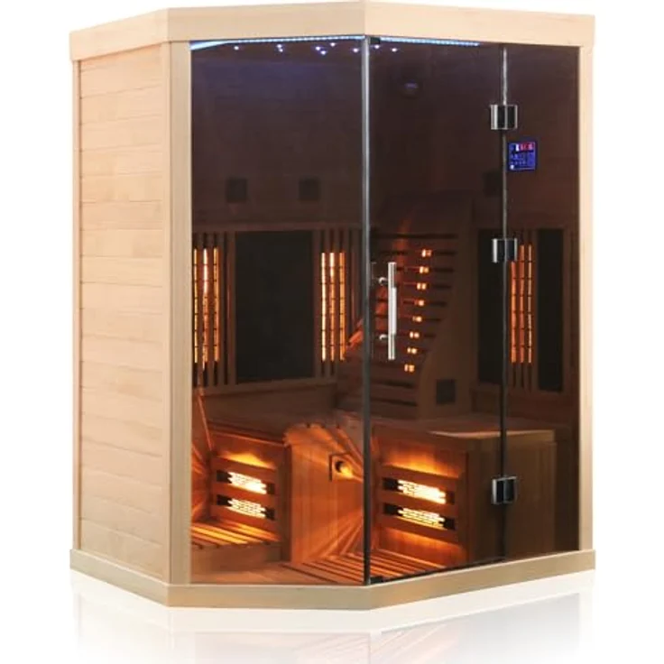 Dewello Infrarotkabine OTTAWA 140x120 Wärmekabine, bis zu 2 Personen, 6 Vollspektrumstrahler, mit Farblichttherapie, Ionisator mit Ozondesinfektion und Aromatherapie, USB-Anschluss & Bluetooth, Hemlockholz, BxTxH: 140 x 120 x 190 cm – Bild 5