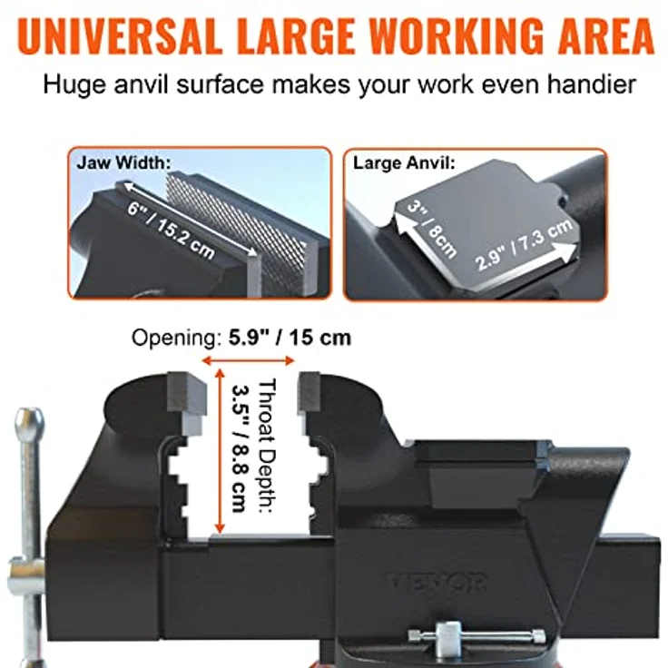 VEVOR 15,2cm Schraubstock 360° Drehbar Sphäroguss Werkbankschraubstock 7,3x8cm Amboss Schraubstock 15cm Backenöffnung Parallelschraubstock U-förmige Führungsstange zum Schärfen Schleifen Schneiden – Bild 3