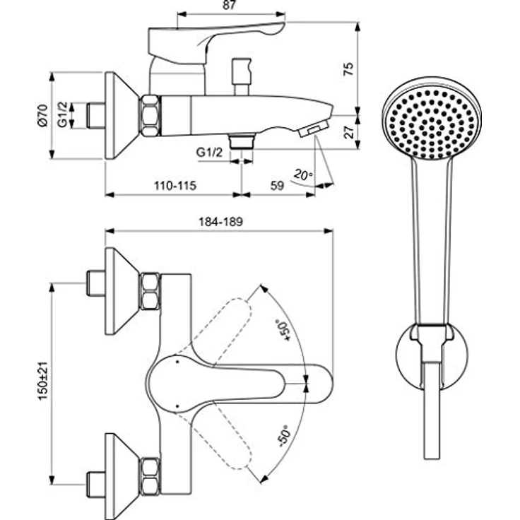 Ideal Standard BC676AA Alpha Wannenarmatur, Einhebelmischer mit Temperaturbegrenzung, chrom, inklusive Handbrause und Zubehör – Bild 3
