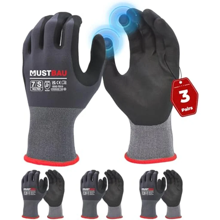 Mustbau Arbeitshandschuhe Schwarz, Nitril-Beschichtung, Touchscreen-fähig, Größe S, 3 Paare, für Montagearbeit, Mechaniker, Gartenarbeit und Bauarbeiten – Bild 1