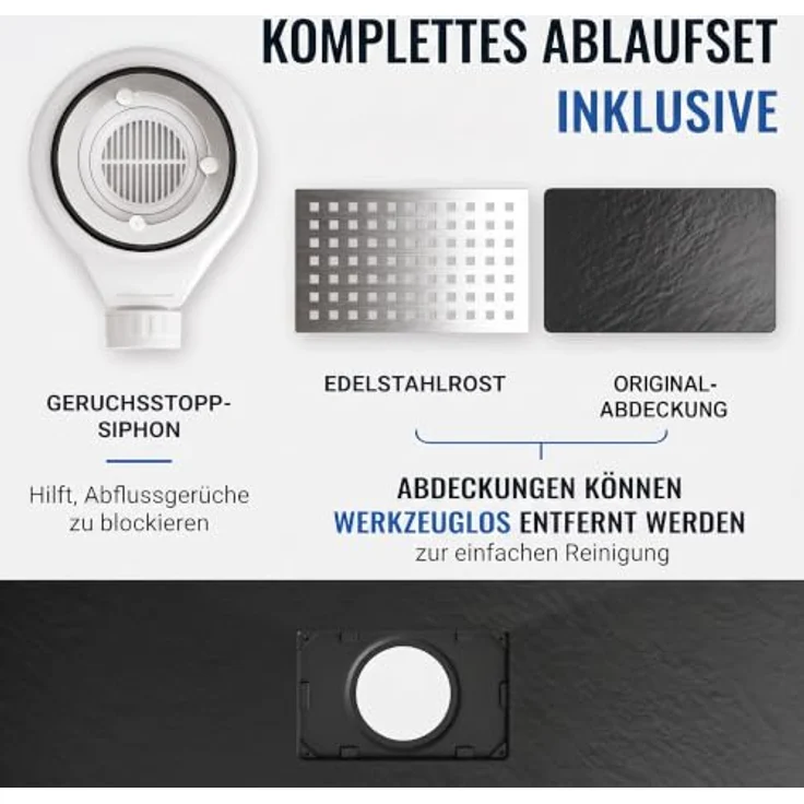 Dalsys Duschwanne 100 x 80cm, Flaches Duschbecken mit Ablaufgarnitur, rutschhemmender Oberfläche in Steinoptik – Bild 4