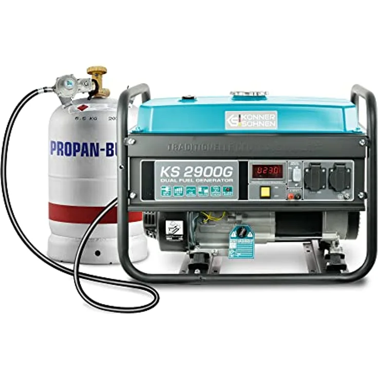Könner & Söhnen KS 2900G, 2900 W DUAL FUEL Gas- und Benzin-Generator mit Druckminderer und 1,5 m Gasflaschen-Anschlussleitung