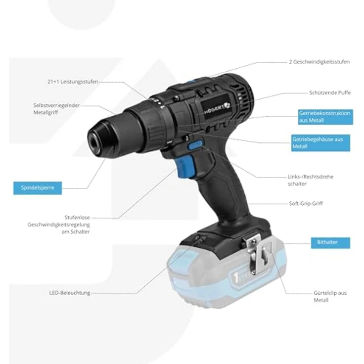 HÖGERT TECHNIK Akku-Bohrschrauber Set 18V, 50 Nm Drehmoment, 2,0 Ah Akku, 4A Ladegerät, Metallgetriebe, LED-Beleuchtung, Auto Lock Bohrfutter, für Holz und Metall – Bild 5