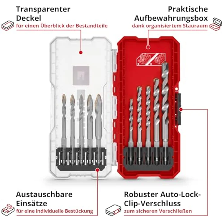 Einhell S-CASE 10-tlg. HM-Fliesenbohrer-Set, spezialgeschliffene Hartmetallplatte, E 6.3 Schaft, inkl. Aufbewahrungsbox – Bild 3