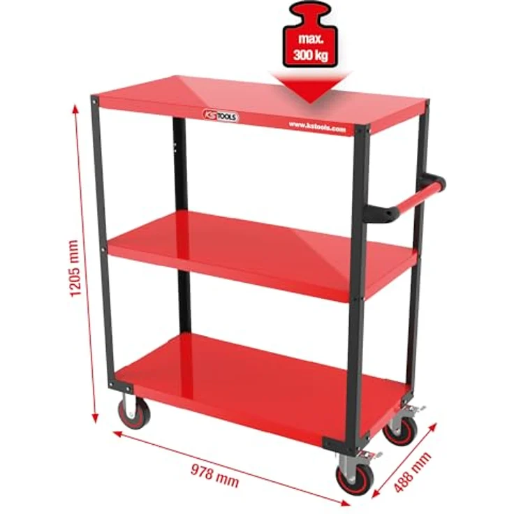 KS Tools 890.0009, Werkzeugwagen + Montagewagen, stabile Stahlblechkonstruktion, 300 kg Tragkraft, Mobilität mit Lenkrollen, drei Etagen zur optimalen Werkzeugorganisation – Bild 2