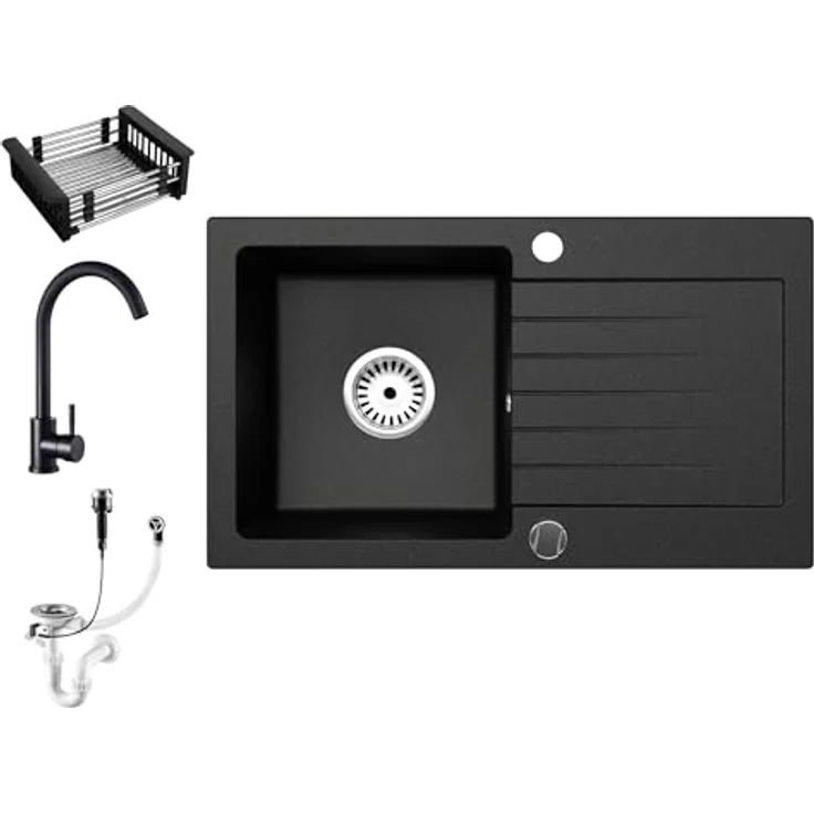 Faizee Möbel Granitspüle 76x44+Spülkorb mit Spiralarmatur, Schwarz – Bild 3