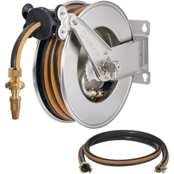 GEKA plus automatischer Schlauchaufroller EA15SK, mit Gummischlauch, rostfreie Edelstahlkonstruktion, individuell positionierbarer Schlauchstopper, vielseitige Montagemöglichkeiten