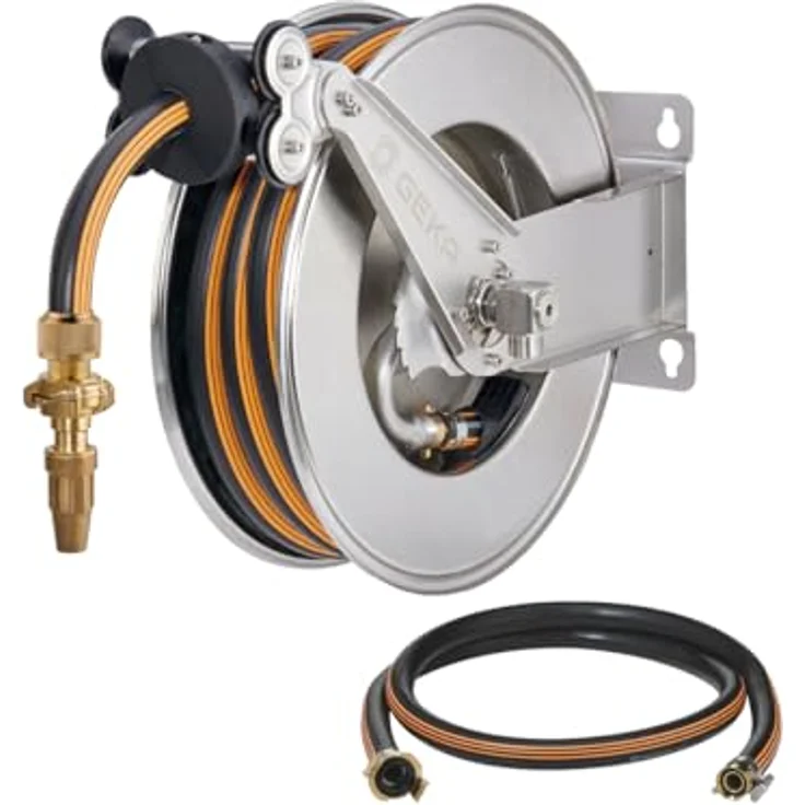 GEKA plus automatischer Schlauchaufroller EA15SK, mit Gummischlauch, rostfreie Edelstahlkonstruktion, individuell positionierbarer Schlauchstopper, vielseitige Montagemöglichkeiten – Bild 1
