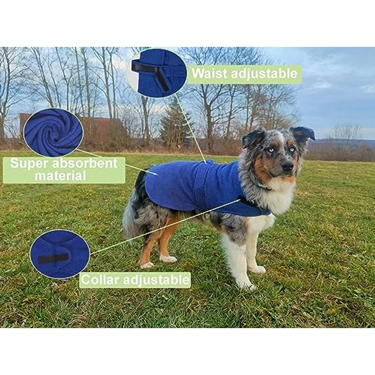 Betz Hundehandtuch extra saugfähig & schnelltrocknend Haustierhandtuch mit Klettverschluss 100% Baumwolle Hunde Bademantel Blau Größe M – Bild 2