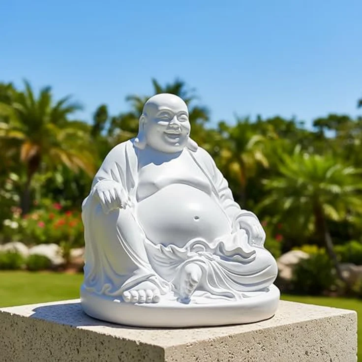 Relaxdays Buddha Figur lachend, 45 cm, wetterfest und frostsicher, Vintage Dekofigur in Weiß für Garten und Wohnzimmer – Bild 5