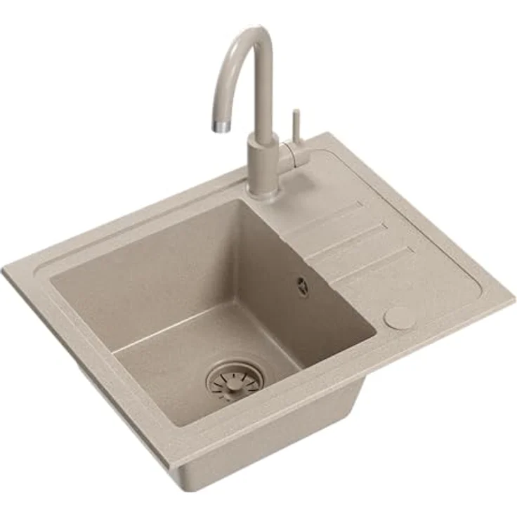 VBChome Spülbecken Granit Beige mit Armatur 55 x 44 cm Einzelbecken Einbauspüle gesprenkelt reversibel Granitspüle beige Siphon Waschbecken beige Armatur – Bild 2