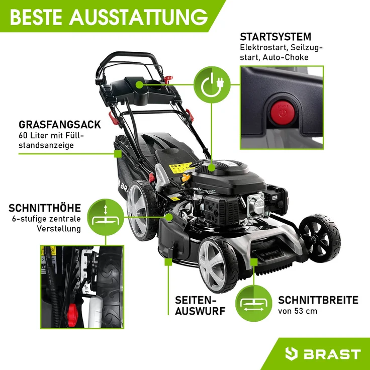 BRAST Rasenmäher Benzin 5,2kW(7PS) mit Antrieb + Elektrostart 53cm Schnittbreite 224ccm TÜV geprüft Stahlgehäuse 60L Fangkorb - Preisvergleich – Bild 10