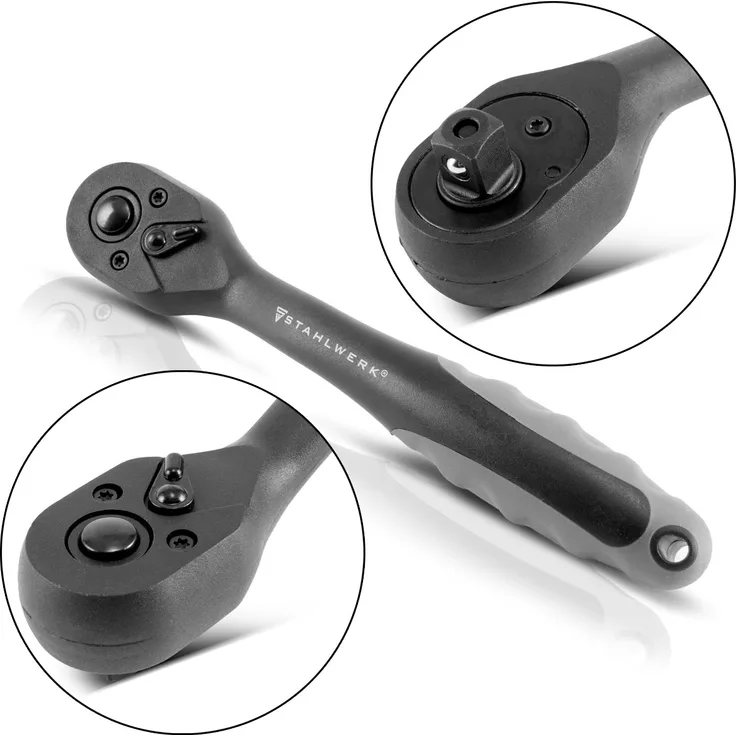 STAHLWERK Umschaltknarre 3/8 Zoll aus Chrom-Molybdän-Stahl mit Schnellentriegelung und ergonomischem Zweikomponentengriff 72 Zähne