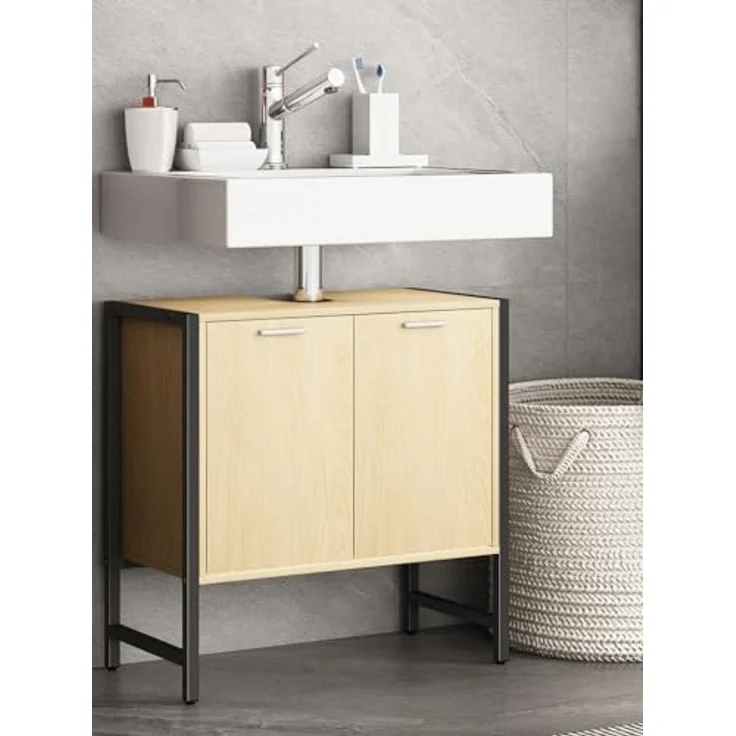 VCM Badmöbel Badunterschrank Waschbeckenunterschrank Badezimmer Holz Metall Edino Drehtüren Honig-Eiche – Bild 2