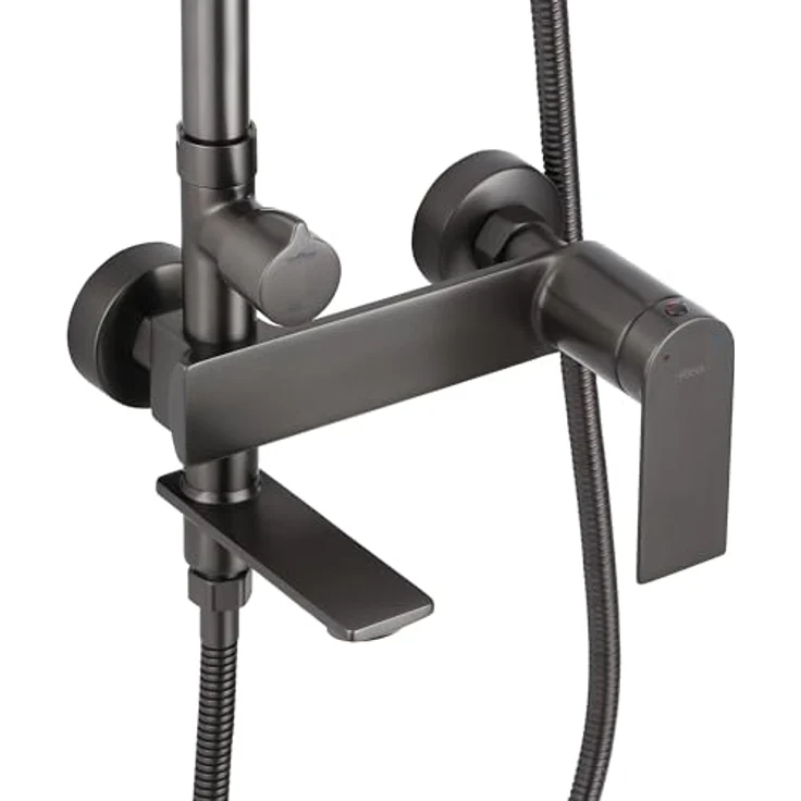 Rea Duschsystem STORM, Duschset mit Duscharmatur, Duschkopf und Kopfbrause, Messing, titan, Anti-Kalk, 3 Funktionen, Aufputzmontage – Bild 2