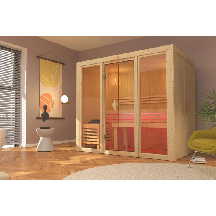 Karibu Innensauna Avari 3, 216x156x198 cm, Ofen 9 kW mit integrierter Steuerung, naturbelassen