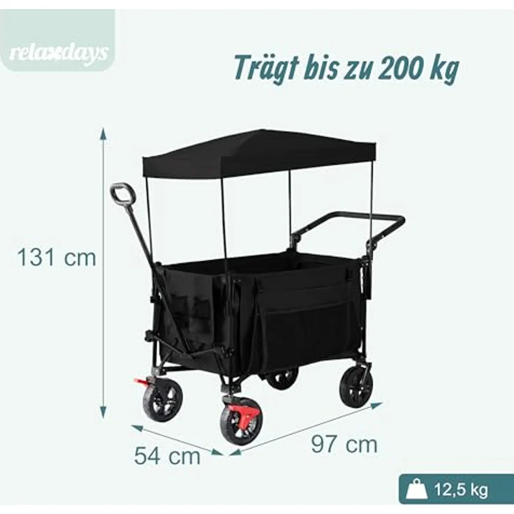 Relaxdays Bollerwagen, faltbar, 150 kg Traglast, mit Dach und Teleskopgriff, Gummireifen mit Bremse, schwarz – Bild 4