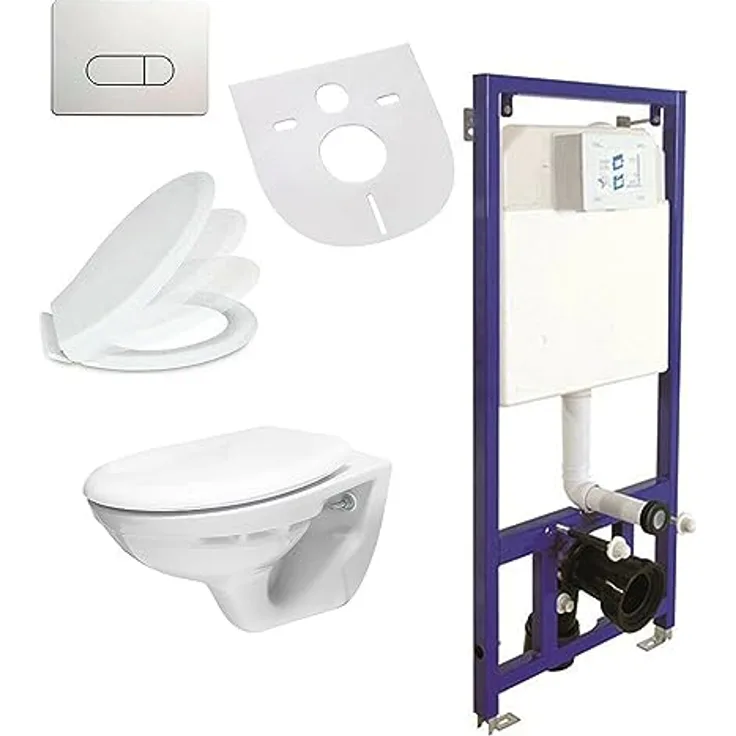 Belvit Wand Hänge WC Abgang Wand + Deckel + Vorwandelement + Schallschutz + Betätigungsplatte Komplettset, Hochwertige Sanitärkeramik, Tiefspülaufbau