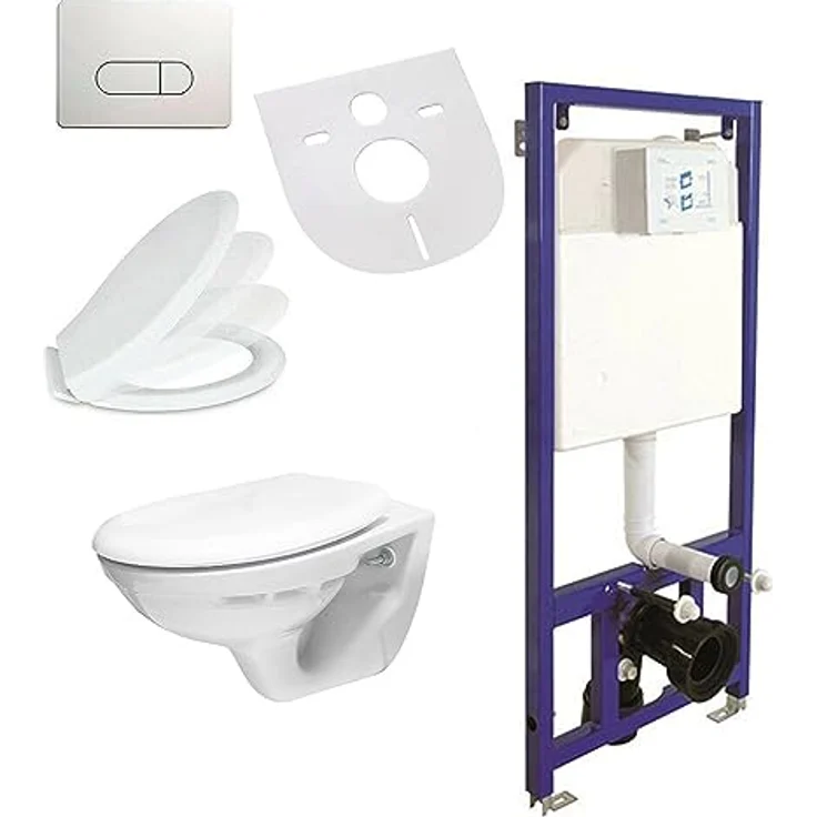 Belvit Wand Hänge WC Abgang Wand + Deckel + Vorwandelement + Schallschutz + Betätigungsplatte Komplettset, Hochwertige Sanitärkeramik, Tiefspülaufbau – Bild 1