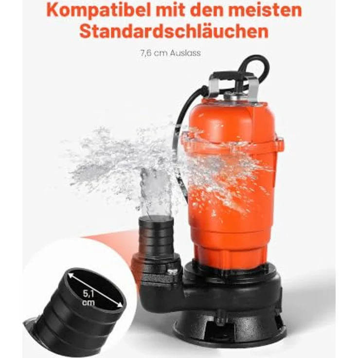 VEVOR 550W Tauchpumpe, 18000l/h Gusseisen-Schmutzwasserpumpe mit 5,08cm Auslass und 10m max. Förderhöhe für Pools, Gärten, Teiche und überflutete Bereiche – Bild 5