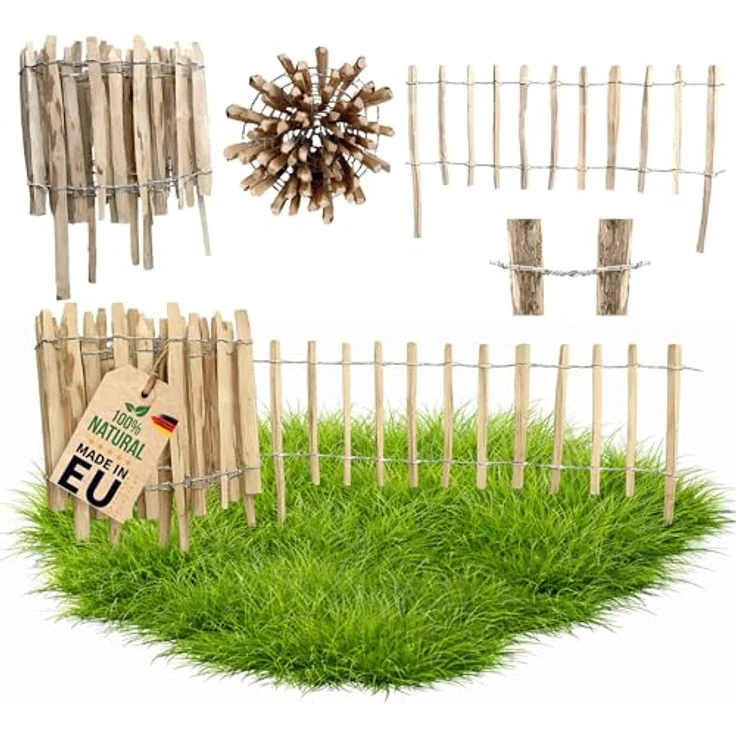 Pemicont Floranica Haselnuss Staketenzaun 35 cm hoch, biologisch abbaubarer Gartenzaun mit 8-10 cm Lattenabstand, handgefertigter Holz Jägerzaun für Teiche und Beete – Bild 1