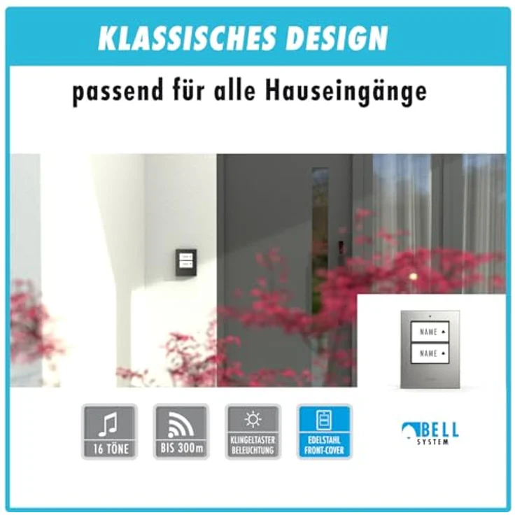 m-e Funkklingel BELL-572, Erweiterbare kabellose Türklingel mit Edelstahl gebürstet, 200m Reichweite, für 2-Familienhaus, 16 Klingeltöne, spritzwassergeschützt IP44 – Bild 4