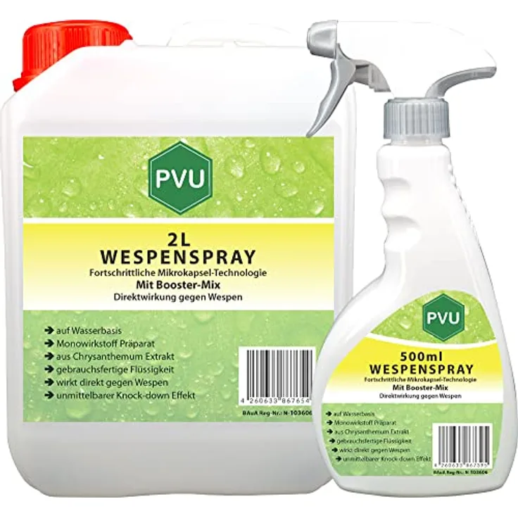 PVU Wespenspray 2 Liter + 500ml | Hochwirksames Wespengift aus reinen Chrysanthemum Extrakt, Wasserbasis, K.O. Wirkung | Fortgeschrittenes Mittel gegen Wespen, formuliert in Deutschland