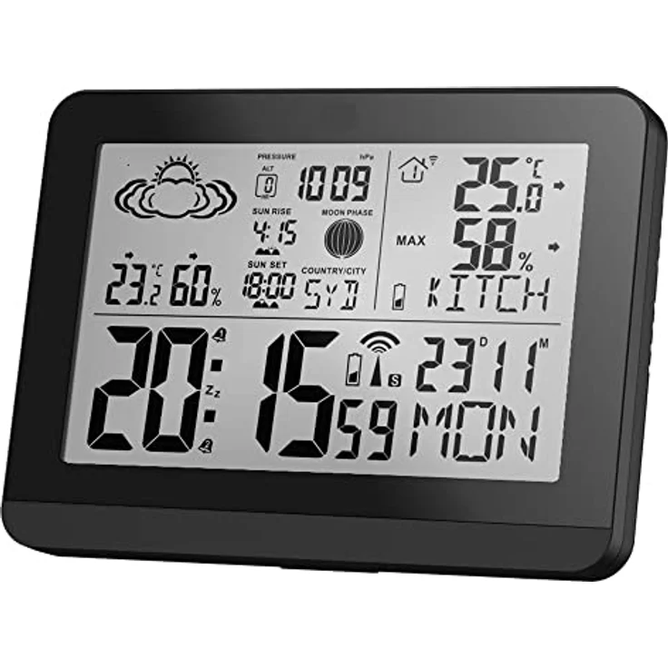Miraval Funk-Wetterstation mit Aussensensor, Hygrometer, Mondphase, Sonnenauf- und -untergangszeiten, 2 Alarme, Farbe Schwarz – Bild 2