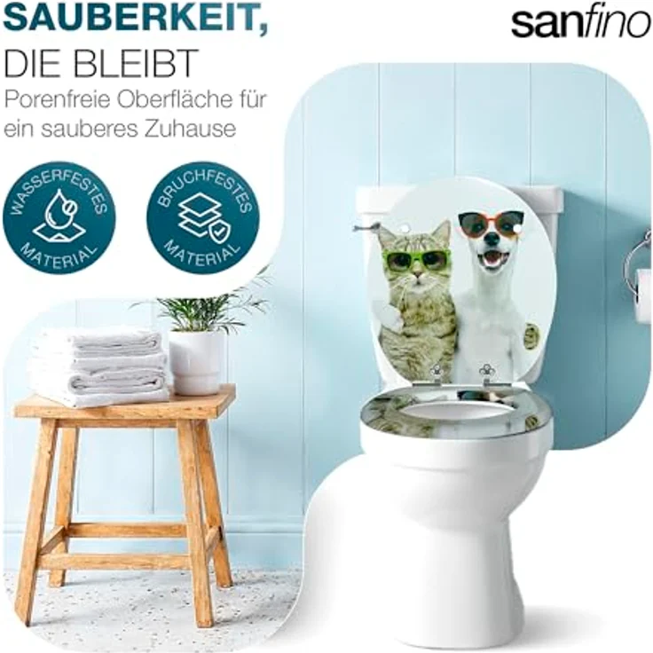 Sanfino WC Sitz Cat & Dog, Toilettendeckel mit Absenkautomatik aus Holz, weiß mit buntem Motiv, verchromte Metallscharniere – Bild 3