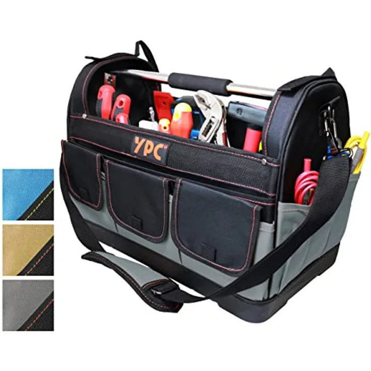 YPC Pioneer Werkzeugkorb XXL – Profi tragbare Werkzeugtasche, Wasserfest, Reißfest, Schultergurt mit Polster & Metall-Handgriff, Grau-Schwarz, 45x35x23cm, 20 kg Tragkraft