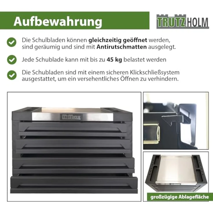 TRUTZHOLM Werkstattwagen Werkzeugkiste 4 Schubladen ca. 68 x 46 cm leer schwarz Aufsatz Werkzeug, Vollauszug – Bild 5