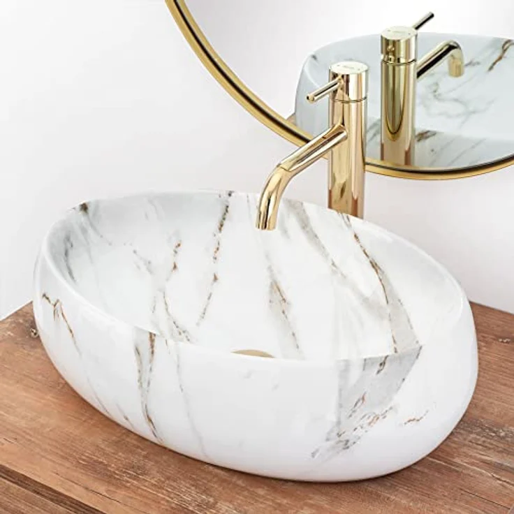 REA Waschbecken Waschtisch Aufsatzwaschbecken Keramik Handwaschbecken Aufsatz Waschschale Oval Elfenbein Stein Marmor ​33x48 Badezimmer Armatur Wasserhahn Bad Armaturen Nano-Beschichtun – Bild 4