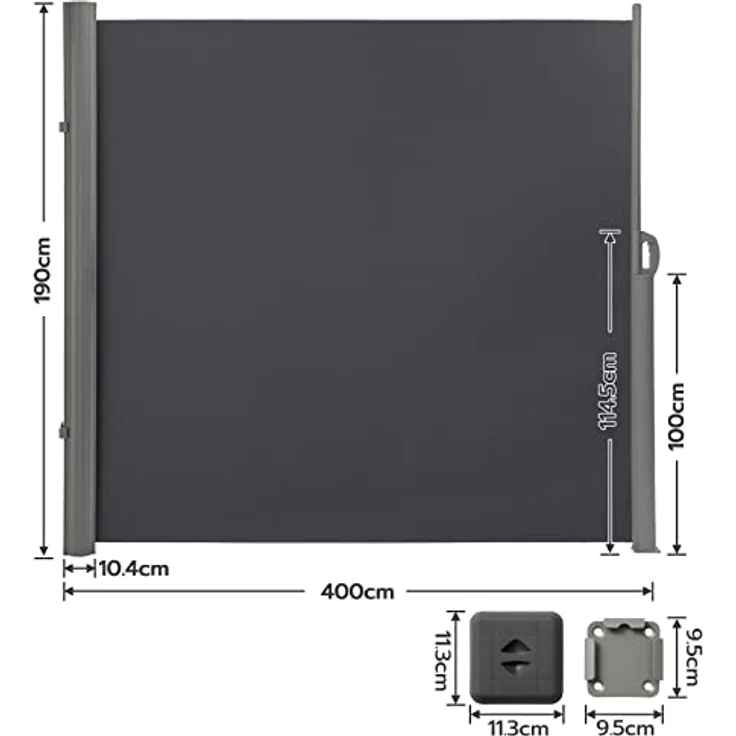 LARMNEE Alu-Seitenmarkise, 190 x 400 cm, Sichtschutz, Sonnenschutz, blickdicht, wasserfest, anthrazit – Bild 2