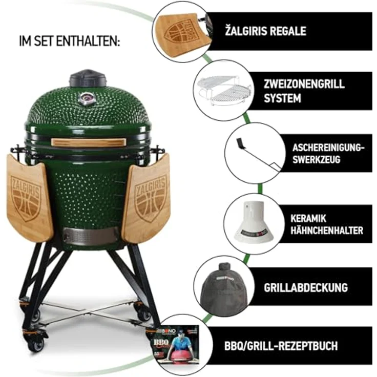Kamado BONO Green Egg BBQ-Grill Zalgiris, Ø 55cm Holzkohlegrill mit Dual-Zone-Grillsystem, Keramik-BBQ-Smoker zum Kochen, Räuchern und Backen, inklusive Hähnchenhalter und seitlichen Tischablagen – Bild 3