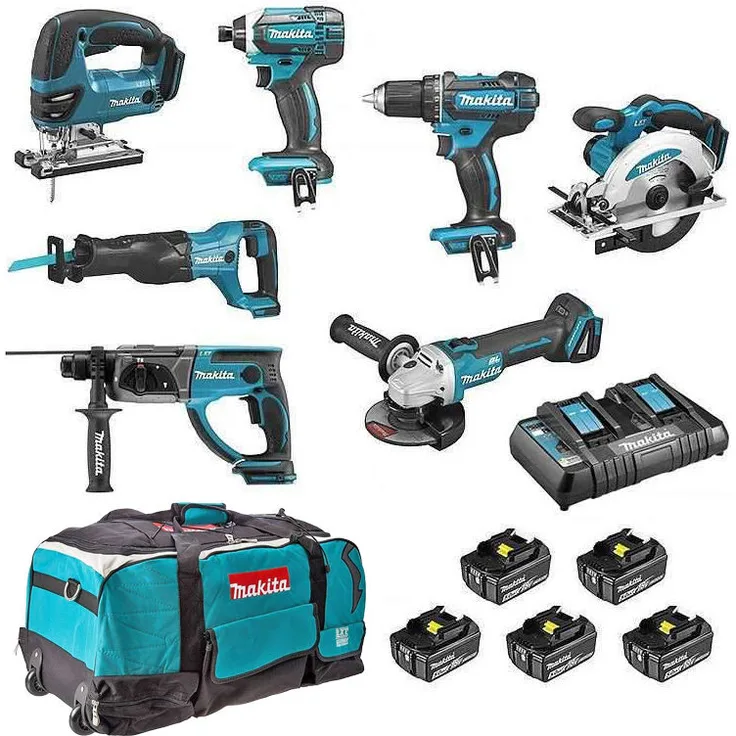 Makita Kombi-Set, 7-teilig inkl. Bohrer DDF482, Schraubendreher DTD152, Schleifer DGA504, Säge DSS610, Perfo DHR202, DJR186 & DJV180, 18 V Akku-Elektrowerkzeuge