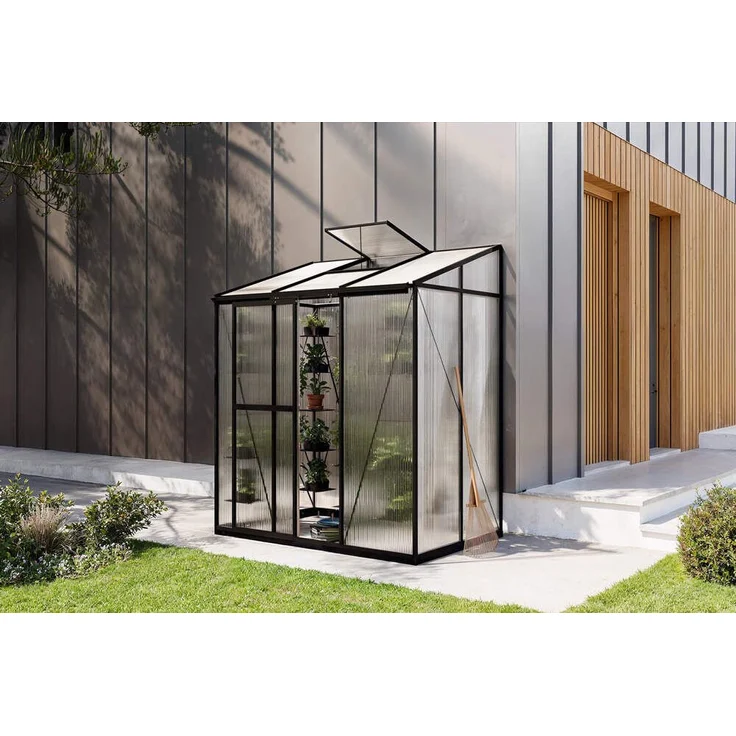 OUTFLEXX Gewächshaus Verde Comfort, Anlehn-Gewächshaus aus Aluminium und Polycarbonat, schwarz, mit integrierter Belüftung und Schiebetür