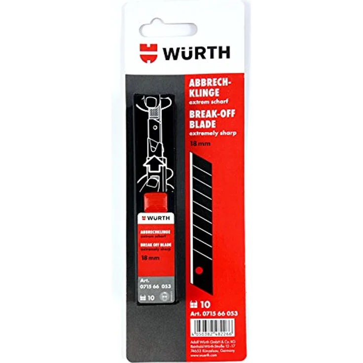 Würth Abbrechklinge Extrem Scharf, 18 mm, 10 St. im Spender, präzise Schnitte für Papier und Folien, schwarz