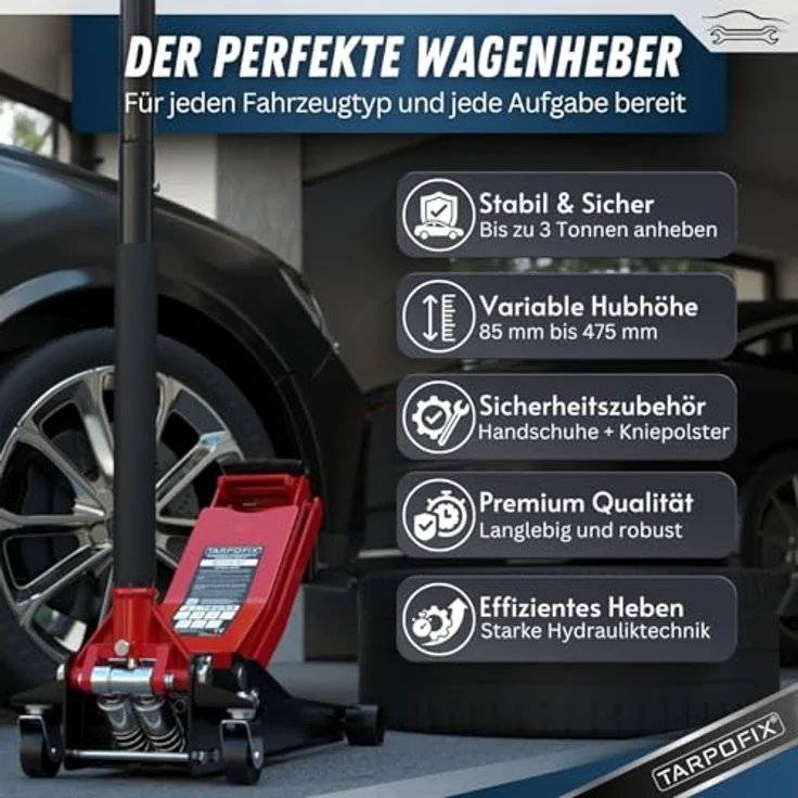 Tarpofix Hydraulischer Wagenheber 3T – Flacher Rangierwagenheber für Auto & SUV, Hubhöhe 85 - 475 mm, mit Gummiauflage & Handschuhen – Bild 3