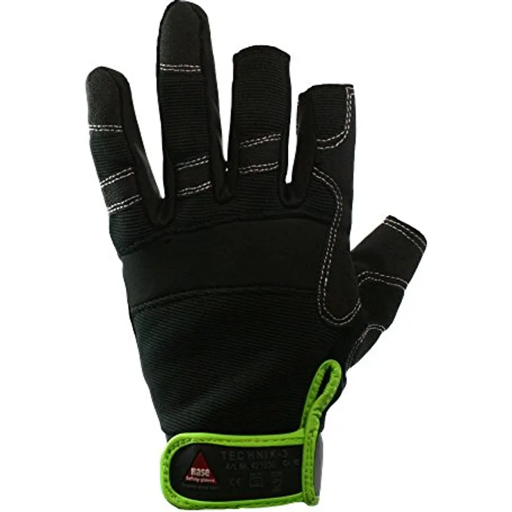 Hase Safety Gloves Leder-Arbeitshandschuhe Technik 3 Finger Montage Handschuh Outdoor Mechaniker (Paar, 1-St., VPE= 1 Paar, Gr 8-12) High-Quality Velcro/ High-Quality Klettverschluss, schwarz