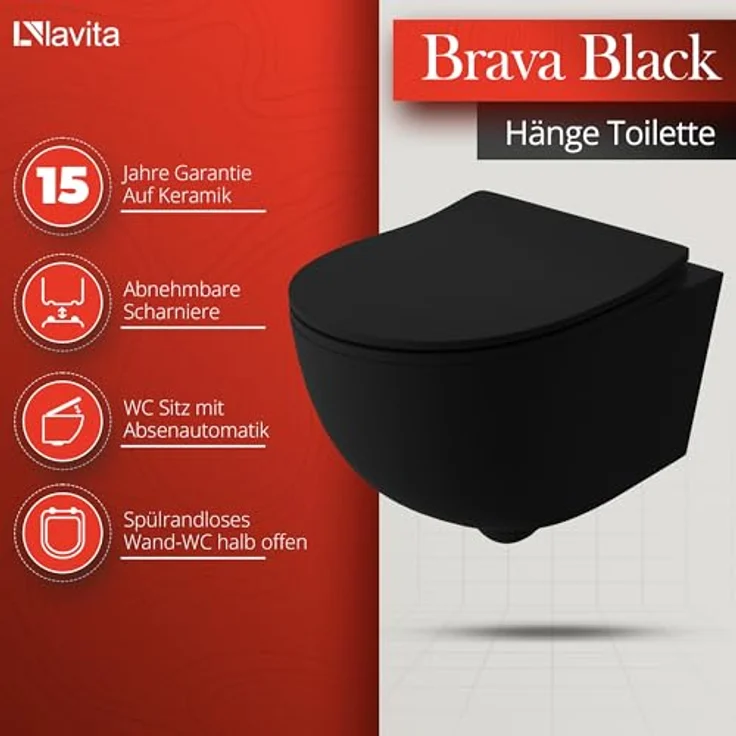 LAVITA Wand-WC Brava Black | Spülrandloses Design | Soft-Close WC-Sitz | Umweltfreundlich | 360x480x375 mm | Schwarz – Bild 2