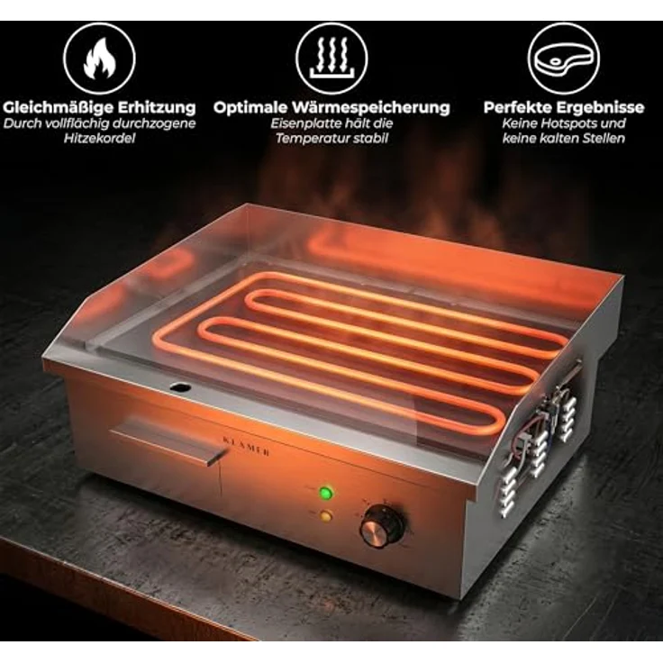 KLAMER Elektrogrill XL, 3000W Edelstahl mit 54,5x38,5 cm Grillplatte, stufenlos einstellbar 50–300°C, mit Spritzschutz und Auffangbehälter für Balkon & Gastronomie – Bild 5