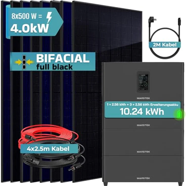 SUNNIVA® SUNNIVA® 4000W Balkonkraftwerk, 10,24 kWh Speicher MARSTEK Jupiter C + Plus, BIFAZIAL FULLBLACK, 8x 500W N-Type Glas-Glas Solarmodule, steckerfertiges PV Komplettset – Bild 2