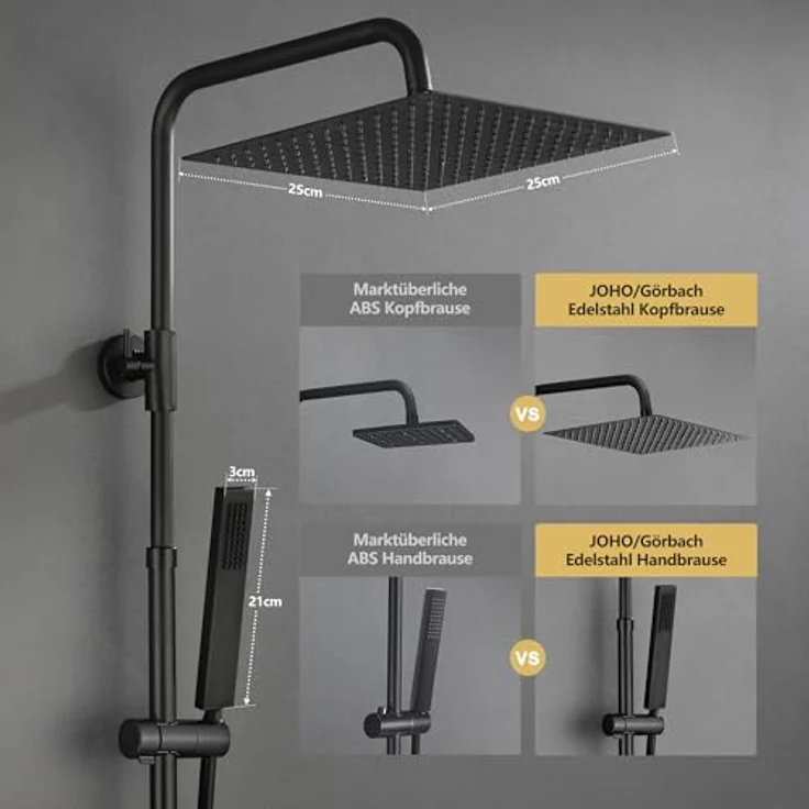 Görbach Regendusche Duschsystem mit Thermostat, 25x25 cm Kopfbrause, Schwarz, antikalk-Düsen, höhenverstellbare Duschstange – Bild 3