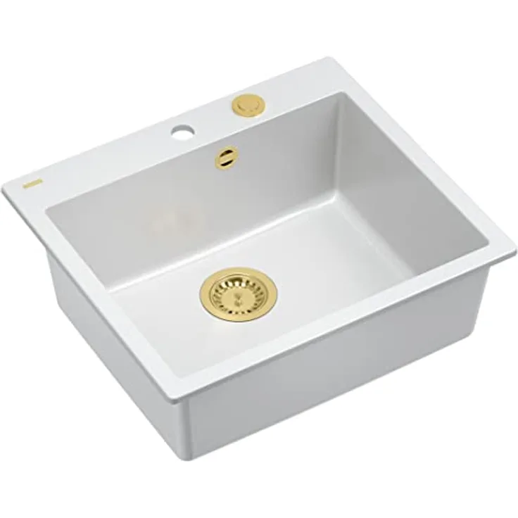Quadron MORGAN 110 Einbauspüle, Granitspüle in Weiß & Golden, 57 x 50 x 22 cm, Einzelbecken, kratzfest und fleckenbeständig