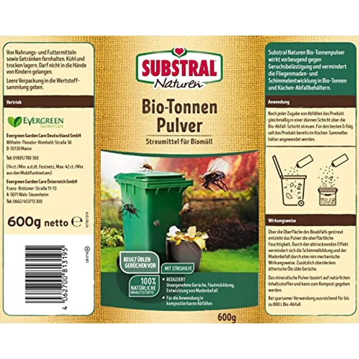 Substral Naturen Biotonnenpulver, 600g Streudose gegen Madenbefall und Geruchsbelästigung, Grün – Bild 2