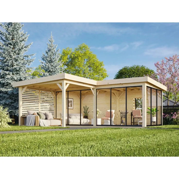 Palmako Pavillon Lenna Slide Plus, Gartenhaus mit 24,9 m² und Isolierglas-Schiebetüren, tauchimprägniert braun, 588 x 588 cm