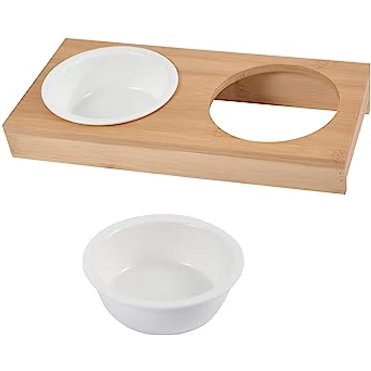 Doppelter Futternapf, Keramik, mit Halterung, Bambus, Natur, D12 cm, 29,5 x 14 cm, Weiß – Bild 2