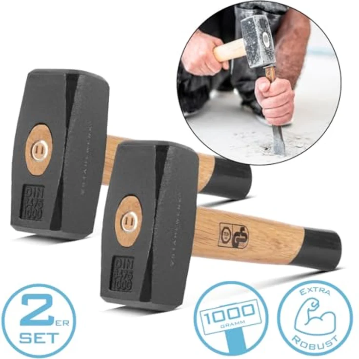 STAHLWERK Fäustel 1000g, 2er Set Plattenhammer aus schwarz lackiertem Carbon-Stahl mit doppelt geschweiftem Holzstiel – Bild 2